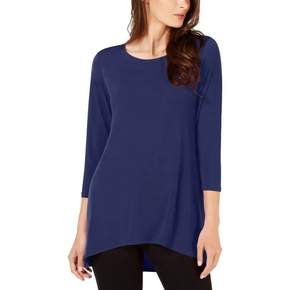 Alfani Womens Blue Matte Jersey 3/4 Sleeves Asymmetrical Blouse Top NWT